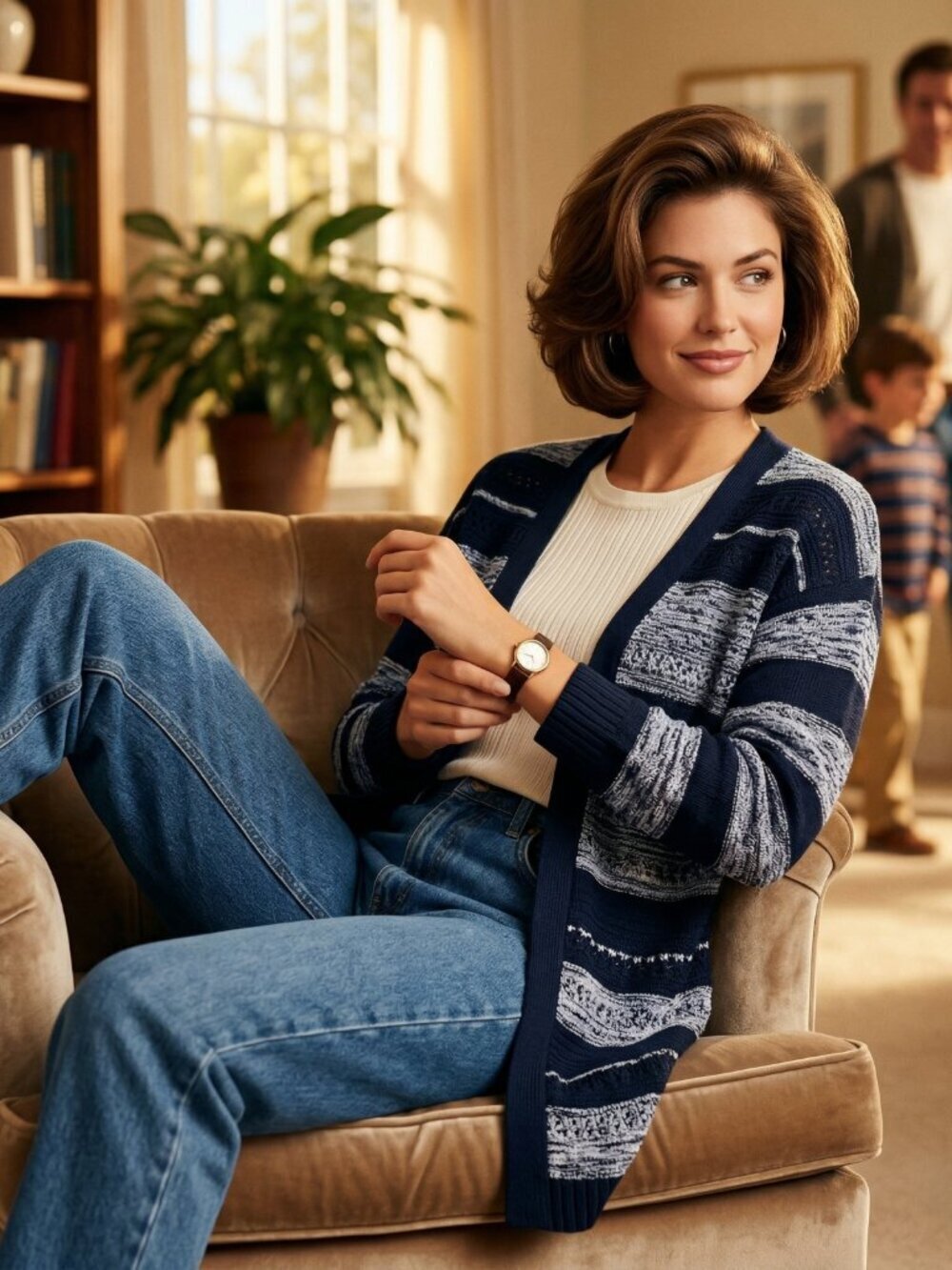 Leo & Nicole Womens L Cardigan Navy Cotton Knit Striped Tie Front Iconic Coastal